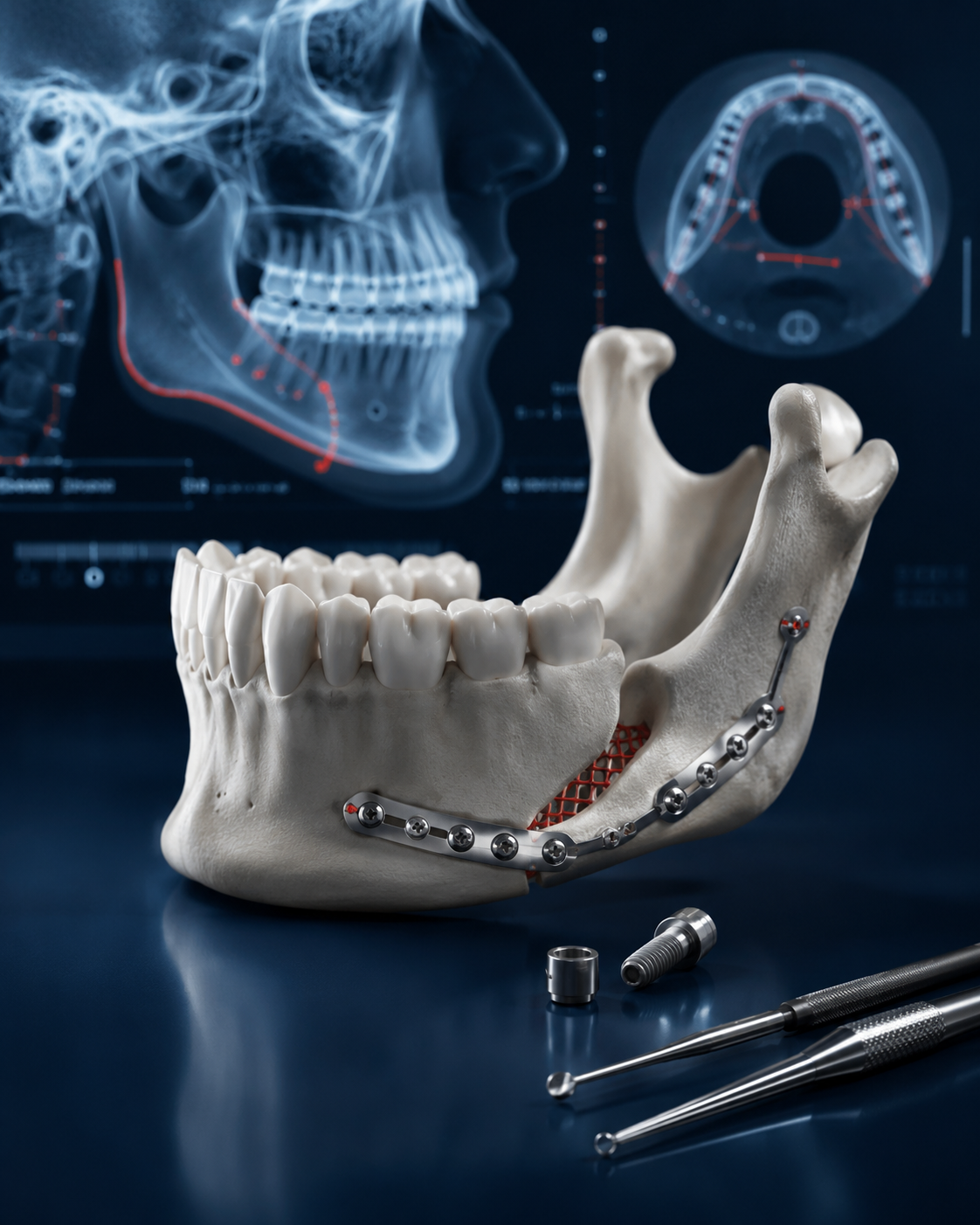 Modelo de mandíbula com fixação cirúrgica e implantes